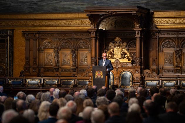 Friedrich Merz, Bundeskanzler, während seiner Festrede im Hamburger Rathaus;76. Großer Übersee-Tag in Hamburg, April 2026 Festakt im Hamburger Rathaus, Hamburg Hamburg Deutschland Rathaus