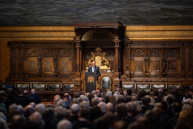Friedrich Merz, Bundeskanzler, während seiner Festrede im Hamburger Rathaus;76. Großer Übersee-Tag in Hamburg, April 2026 Festakt im Hamburger Rathaus, Hamburg Hamburg Deutschland Rathaus