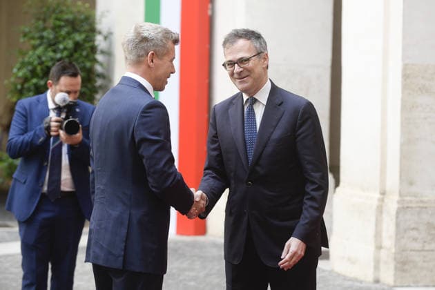 Rome, Palazzo Chigi, visit of Hungary s Prime Minister-elect, Péter Magyar. Pictured is being welcomed by diplomatic advisor Fabrizio Saggio.  Copyright: xSTEFANOxCAROFEIx xipa-agency.netx xFOTOGRAMMAx xSTEFANOxCAROFEIx IPA_Agency_IPA74486048