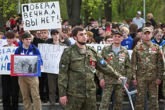 RUSSIA, MOSCOW - MAY 7, 2026: People take part in an event titled You Cannot Cancel Truth and Memory! outside the German Embassy in Moscow. Sofya Sandurskaya TASS  92137163