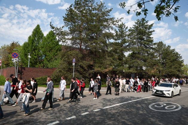 RUSSIA, MOSCOW - MAY 7, 2026: People take part in an event titled You Cannot Cancel Truth and Memory! outside the German Embassy in Moscow. Sofya Sandurskaya TASS  92137167