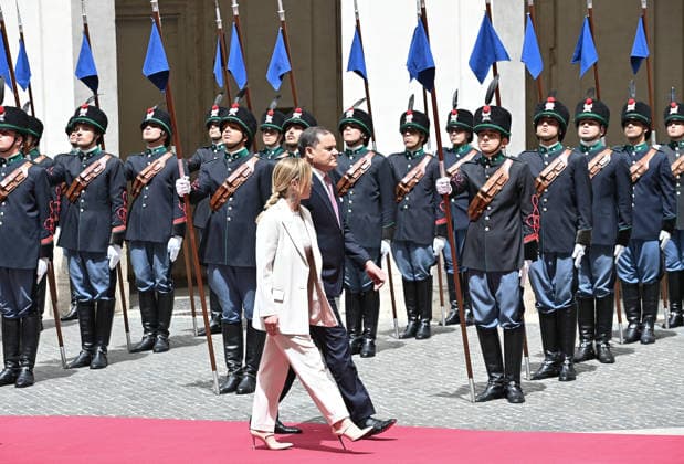 Italy s Prime Minister Meloni meets Libya Prime minister Mohammed Dbeibeh ROME, ITALY - MAY 07: Italy s Prime Minister Giorgia Meloni (L) and Abdul Hamid Mohammed Dbeibeh (R) prime minister of Libya under the internationally recognised Government of National Unity, review the honor guard ahead of their meeting at Chigi Palace government office in Rome, Italy, on May 07, 2026. Isabella Bonotto Anadolu Rome Italy. Editorial use only. Please get in touch for any other usage.  Copyright: x2026xAnadoluxIsabellaxBonottox