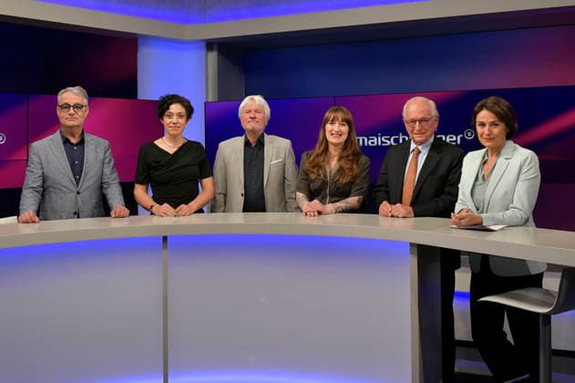Gabor Steingart, Katharina Hamberger, Jürgen Becker, Heidu Reichinnek, Wolfgang Ischinger und Sandra Maischberger in der ARD-Talkshow maischberger im Studio Berlin Adlershof. Berlin, 06.05.2026