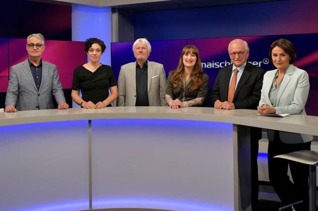 Gabor Steingart, Katharina Hamberger, Jürgen Becker, Heidu Reichinnek, Wolfgang Ischinger und Sandra Maischberger in der ARD-Talkshow maischberger im Studio Berlin Adlershof. Berlin, 06.05.2026