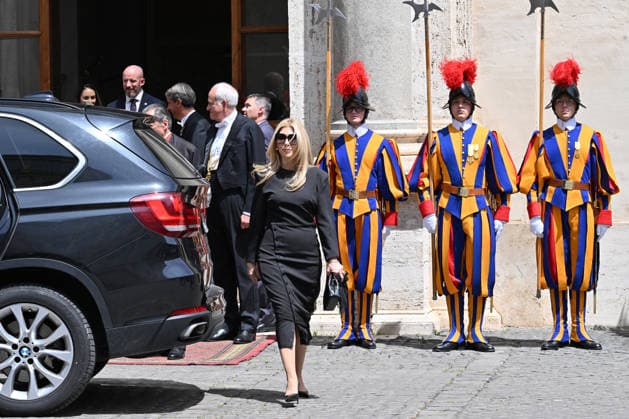 May 7, 2026, Rome, Rome, Italy: Jeanette Dousdebes Rubio departs from the San Damaso Courtyard after meeting the Pope with Archbishop Petar Rajic among the Swiss Guards, Vatican City, May 7, 2026 Rome Italy  - ZUMAa289 20260507_zia_a289_189 Copyright: xMariaxLauraxAntonellix xAgfx