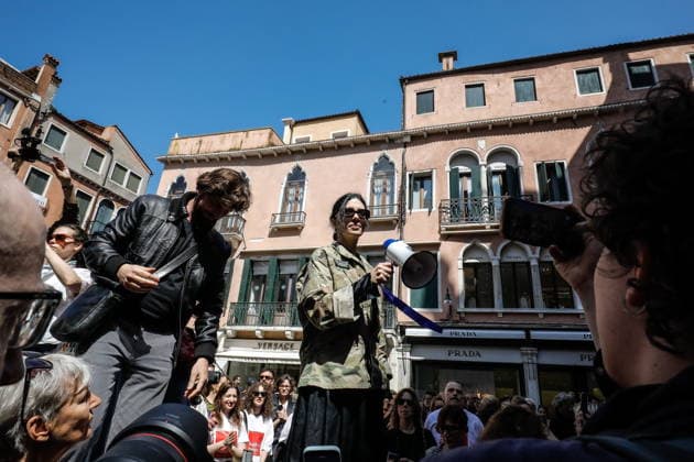 May 7, 2026, Venice, Rome, Italy: May 7, 2026, Venice. 61st International Art Exhibition of the Venice Biennale, titled In Minor Keys, curated by Koyo Kouoh. The Giardini della Biennale - Protest by the Pussy Riot collective in front of the Venice Biennale headquarters against the reopening of the Russian Pavilion at the 2026 Venice Art Biennale, led by Pussy Riot s Nadya Tolokonnikova. Venice Italy  - ZUMAa289 20260507_zia_a289_235 Copyright: xMircoxToniolox xAgfx