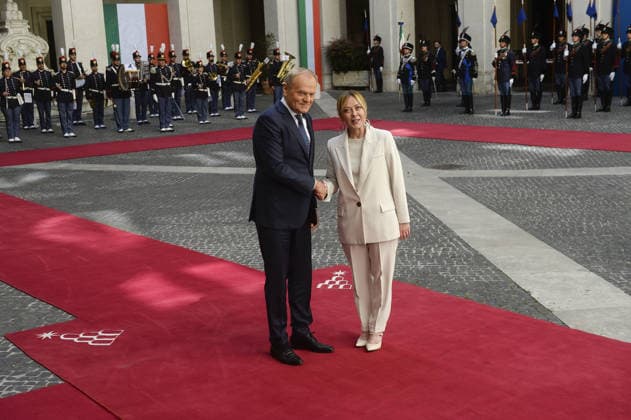 Foto IPP Marco Mattei Roma 07 05 2026 La Presidente del Consiglio incontra a Palazzo Chigi il Presidente della Polonia nella foto Giorgia Meloni Donald Tusk Italy Photo Press - World Copyright .