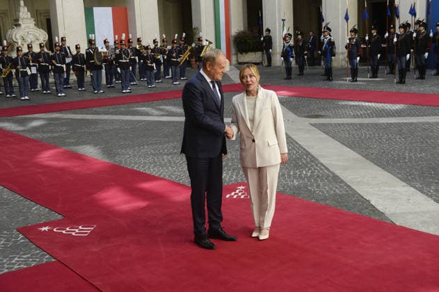 Rome, the Prime Minister meets the President of Poland at Palazzo Chigi, pictured Giorgia Meloni and Donald Tusk.  Copyright: xStefanoxCarofeix xipa-agency.netx xStefanoxCarofeix IPA_Agency_IPA74490470
