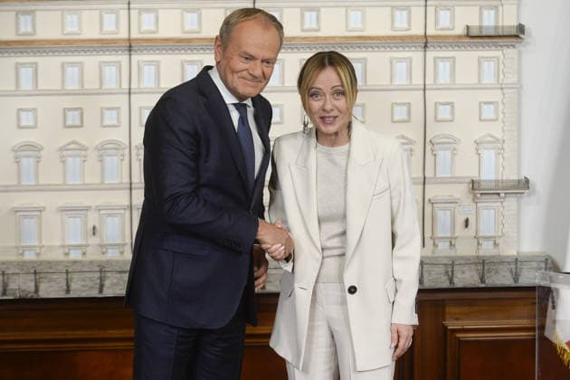 Foto IPP Marco Mattei Roma 07 05 2026 La Presidente del Consiglio incontra a Palazzo Chigi il Primo ministro della Polonia nella foto Giorgia Meloni Donald Tusk Italy Photo Press - World Copyright .