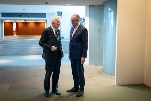 Berlin, Deutschland, 07.05.2026: Bundeskanzleramt: Abschiedsbesuch des Ministerpräsidenten von Baden-Württemberg: Winfried Kretschmann (Grüne) und Bundeskanzler Friedrich Merz (CDU)