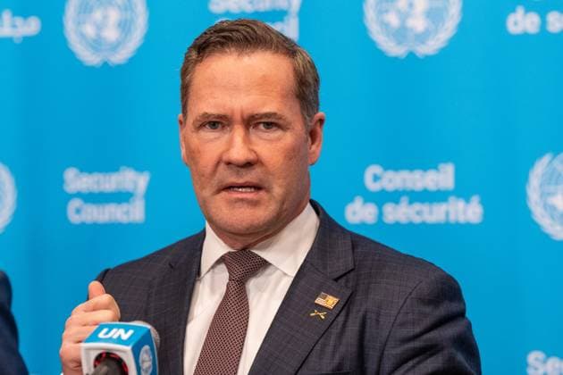 May 7, 2026, New York, New York, USA: Ambassador Michael Waltz of USA speaks at joint press briefing with Ambassador Jamal Fares Alrowaiei of Bahrain at UN Headquarters in New York, NY on May 7, 2026. They were joined by Ambassadors Mohamed Issa Abushahab of UAE, Abdulaziz M. Alwasil of Saudi Arabia, Alya Ahmed Saif Al-Thani of Qatar and Tareq M. A. M. Albanai Kuwait. They introduced draft resolution for the Security Council to force Iran to uphold freedom of navigation and trade in the Strait of Hormuz. Draft resolution was introduced after Iran is trying to force shippers to comply with a new protocol for transiting the Strait of Hormuz by paying fees or risk attack by Iranian navy. New York USA - ZUMAr339 20260507_znp_r339_041 Copyright: xLevxRadinx