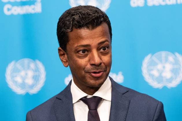 May 7, 2026, New York, New York, USA: Ambassador Jamal Fares Alrowaiei of Bahrain speaks at joint press briefing with Ambassador Michael Waltz of USA at UN Headquarters in New York, NY on May 7, 2026. They were joined by Ambassadors Mohamed Issa Abushahab of UAE, Abdulaziz M. Alwasil of Saudi Arabia, Alya Ahmed Saif Al-Thani of Qatar and Tareq M. A. M. Albanai Kuwait. They introduced draft resolution for the Security Council to force Iran to uphold freedom of navigation and trade in the Strait of Hormuz. Draft resolution was introduced after Iran is trying to force shippers to comply with a new protocol for transiting the Strait of Hormuz by paying fees or risk attack by Iranian navy. New York USA - ZUMAr339 20260507_znp_r339_034 Copyright: xLevxRadinx