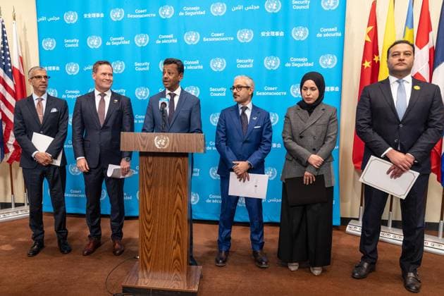 May 7, 2026, New York, New York, USA: Ambassador Jamal Fares Alrowaiei of Bahrain speaks at joint press briefing with Ambassador Michael Waltz of USA at UN Headquarters in New York, NY on May 7, 2026. They were joined by Ambassadors Mohamed Issa Abushahab of UAE, Abdulaziz M. Alwasil of Saudi Arabia, Alya Ahmed Saif Al-Thani of Qatar and Tareq M. A. M. Albanai Kuwait. They introduced draft resolution for the Security Council to force Iran to uphold freedom of navigation and trade in the Strait of Hormuz. Draft resolution was introduced after Iran is trying to force shippers to comply with a new protocol for transiting the Strait of Hormuz by paying fees or risk attack by Iranian navy. New York USA - ZUMAr339 20260507_znp_r339_014 Copyright: xLevxRadinx