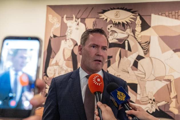 May 7, 2026, New York, New York, USA: Ambassador Michael Waltz of USA speaks to reporters after joint press briefing with Ambassador Jamal Fares Alrowaiei of Bahrain at UN Headquarters in New York, NY on May 7, 2026. They were joined by Ambassadors Mohamed Issa Abushahab of UAE, Abdulaziz M. Alwasil of Saudi Arabia, Alya Ahmed Saif Al-Thani of Qatar and Tareq M. A. M. Albanai of Kuwait. They introduced draft resolution for the Security Council to force Iran to uphold freedom of navigation and trade in the Strait of Hormuz. Draft resolution was introduced after Iran is trying to force shippers to comply with a new protocol for transiting the Strait of Hormuz by paying fees or risk attack by Iranian navy. New York USA - ZUMAr339 20260507_znp_r339_024 Copyright: xLevxRadinx