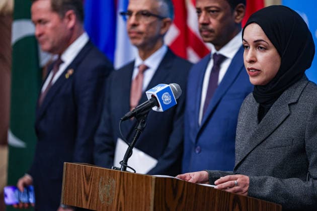 May 7, 2026, New York, New York, USA: Ambassador ALYA AHMED SAIF AL-THANI, Permanent Representative of Qatar to the United Nationsspeaks to the press at UNHQ on a draft Security Council resolution concerning the Strait of Hormuz. They were joined by representatives of the UAE, Saudi Arabia, Qatar and Kuwait in calling for freedom of navigation and maritime security in the strait. New York USA - ZUMAo116 20260507_znp_o116_065 Copyright: xBiancaxOterox