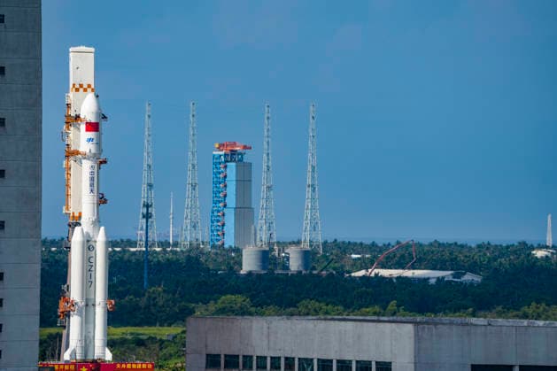 WENCHANG, CHINA - MAY 08: The combination of the Tianzhou-10 cargo craft and a Long March 7 carrier rocket is vertically transferred to the launching area at Wenchang Spacecraft Launch Site on May 8, 2026 in Wenchang, Hainan Province of China. The cargo spacecraft will be launched at a proper time in the near future.  Copyright: xVCGx 111639958526