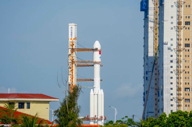 WENCHANG, CHINA - MAY 08: The combination of the Tianzhou-10 cargo craft and a Long March 7 carrier rocket is vertically transferred to the launching area at Wenchang Spacecraft Launch Site on May 8, 2026 in Wenchang, Hainan Province of China. The cargo spacecraft will be launched at a proper time in the near future.  Copyright: xVCGx 111639958514