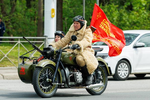 RUSSIA, KALININGRAD - MAY 8, 2026: People take part in the Wheel of History motorcycle rally marking the 81st anniversary of the victory over Nazi Germany in World War II. Alexander Melekhov TASS  92185302