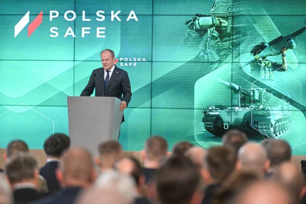 Poland first member to sign EU s SAFE Defence Agreement WARSAW , POLAND - MAY 08: Polish Prime Minister, Donald Tusk delivers a speech after the signing of the SAFE Agreement in Warsaw, Poland on May 08, 2026. The SAFE (Security Action for Europe) program is a new Ä150 billion EU financial instrument providing low-interest loans for defense and security, with Poland set to receive approximately Ä43.7 billion (roughly 30% of the total budget). The agreement, being signed on May 8, 2026, focuses on strengthening Poland s defense industry, protecting its borders, and enhancing air defense systems. Omar Marques Anadolu Warsaw Poland. Editorial use only. Please get in touch for any other usage. Copyright: x2026xAnadoluxOmarxMarquesx