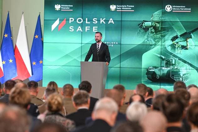Poland first member to sign EU s SAFE Defence Agreement WARSAW , POLAND - MAY 08: Polish Minister of National Defence, Wladyslaw Kosiniak-Kamysz delivers a speech after the signing of the SAFE Agreement in Warsaw, Poland on May 08, 2026. The SAFE (Security Action for Europe) program is a new Ä150 billion EU financial instrument providing low-interest loans for defense and security, with Poland set to receive approximately Ä43.7 billion (roughly 30% of the total budget). The agreement, being signed on May 8, 2026, focuses on strengthening Poland s defense industry, protecting its borders, and enhancing air defense systems. Omar Marques Anadolu Warsaw Poland. Editorial use only. Please get in touch for any other usage. Copyright: x2026xAnadoluxOmarxMarquesx