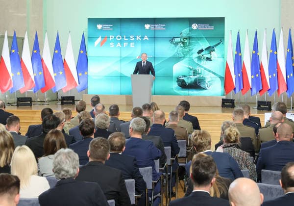 Poland signs SAFE deal Photo: Adam Burakowski East News Prime minister of Poland Donald Tusk speaks as he attends a ceremony of signing an agreement regarding the loan from EU s SAFE (Security Action for Europe) financial instrument on May 8, 2026 in Warsaw, Poland. The deal will allow for a line of credit to purchase defence equipment, including anti-drone systems, worth almost 44 billion euro. EN_01677227_0065 