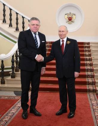 Russia WWII Victory Day Parade Foreign Delegations 9160542 09.05.2026 Slovak Prime Minister Robert Fico is welcomed by Russian President Vladimir Putin on Victory Day, marking the 81st anniversary of the victory over Nazi Germany in World War Two, at the Kremlin in Moscow, Russia. Grigory Sysoev Sputnik Moscow Russia  Copyright: xGrigoryxSysoevx