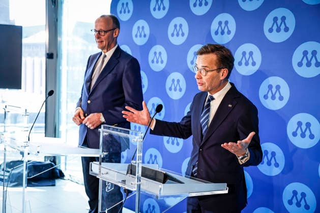 STOCKHOLM, SWEDEN 20260509 Friedrich Merz L , CDU Chairman and German Chancellor, and Swedish Prime Minister Ulf Kristersson, the Moderate Party leader, hold a joint press conference at the party s annual convention at Stockholm Waterfront Congress Centre in Stockholm, Sweden, on May 9, 2026 STOCKHOLM SWEDEN x60160x  Copyright: xStefanxJerrevang TTx SWEDEN GERMANY DIPLOMACY 57r8h3_psT4