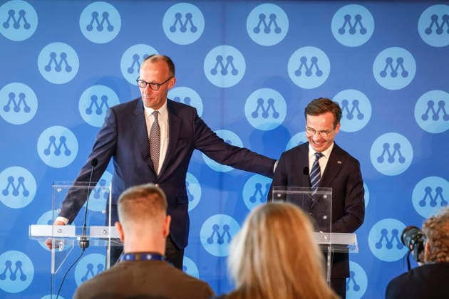 STOCKHOLM, SWEDEN 20260509 Friedrich Merz L , CDU Chairman and German Chancellor, and Swedish Prime Minister Ulf Kristersson, the Moderate Party leader, hold a joint press conference at the party s annual convention at Stockholm Waterfront Congress Centre in Stockholm, Sweden, on May 9, 2026 STOCKHOLM SWEDEN x60160x  Copyright: xStefanxJerrevang TTx MODERATERNA SVERIGEMÖTET 2026 AYhw03xGvkE