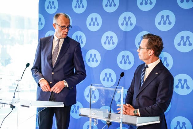 STOCKHOLM, SWEDEN 20260509 Friedrich Merz L , CDU Chairman and German Chancellor, and Swedish Prime Minister Ulf Kristersson, the Moderate Party leader, hold a joint press conference at the party s annual convention at Stockholm Waterfront Congress Centre in Stockholm, Sweden, on May 9, 2026 STOCKHOLM SWEDEN x60160x  Copyright: xStefanxJerrevang TTx MODERATERNA SVERIGEMÖTET 2026 xR-ao40exvE