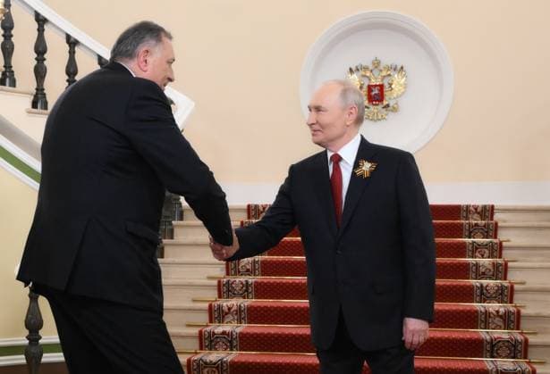 Russia WWII Victory Day Foreign Delegations Arrival 9161022 09.05.2026 Chairman of the Union of Independent Social Democrats of Republika Srpska Milorad Dodik is welcomed by Russian President Vladimir Putin on Victory Day, marking the 81st anniversary of the victory over Nazi Germany in World War Two, at the Kremlin in Moscow, Russia. Grigory Sysoev Sputnik Moscow Russia  Copyright: xGrigoryxSysoevx