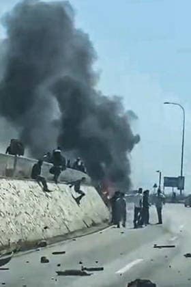 LEBANON - MAY 9, 2026: Smoke billows after a military strike on the Mediterranean Sea coast town of Saadiyat, south of Beirut. Video screen grab. Best quality available. Ankhar Kochneva TASS  92227521