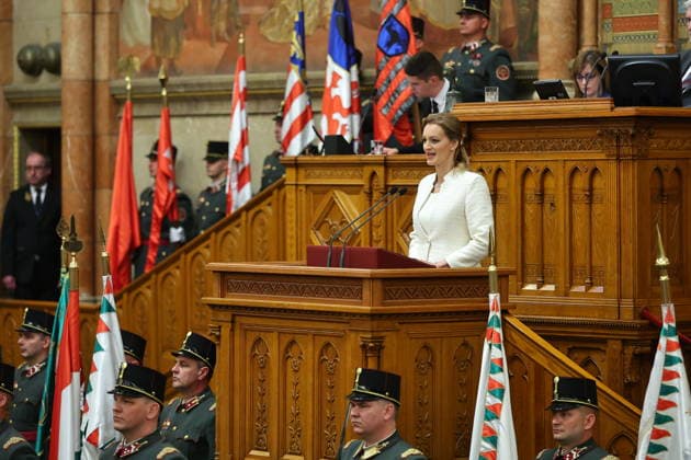 (260509) -- BUDAPEST, May 9, 2026 -- Agnes Forsthoffer delivers a speech after being sworn in as speaker of the National Assembly in Budapest, Hungary, May 9, 2026. Hungary s new parliament convened on Saturday for its inaugural session, electing Agnes Forsthoffer, vice president of the Tisza Party, as speaker of the National Assembly. In the parliamentary elections, the Tisza Party, led by Peter Magyar, defeated the ruling Fidesz-KDNP coalition led by Viktor Orban, winning 141 of the 199 seats and securing a two-thirds majority in the new parliament. (Photo by Xinhua) HUNGARY-BUDAPEST-NEW PARLIAMENT-INAUGURAL SESSION DavidxBalog 