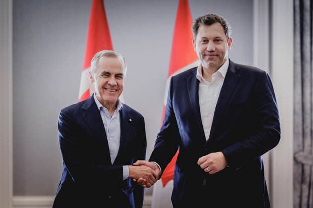 (R-L) Lars Klingbeil, Bundesminister der Finanzen, trifft Mark Carney, Ministerpraesident von Kanada, zu einem Gespraech in Toronto, 09.05.2026. Fotografiert im Auftrag des Bundesministeriums der Finanzen. Toronto Kanada Copyright: xFlorianxGaertner BMFx