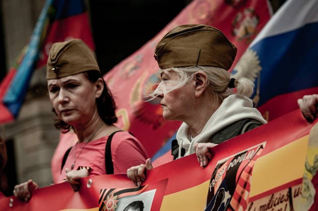 May 9, 2026, Barcelona, Spain: Participants are seen during an Immortal Regiment march in Barcelona where people carry portraits of Soviet soldiers and wave communist flags marking Victory Day, the annual commemoration of the Soviet Union s victory over Nazi Germany in World War II. Barcelona Spain - ZUMAb137 20260509_fap_b137_021 Copyright: xJordixBoixareux