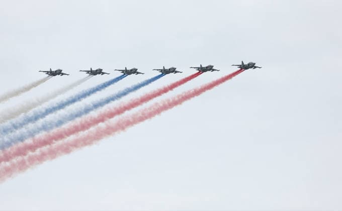 May 9, 2026, Moscow, Moscow Oblast, Russia: Russian Sukhoi SU-25 fighter jets release smoke in the colors of the Russian tricolor flag over Red Square during the annual Victory Day parade marking the 81st anniversary of the victory over Nazi Germany in World War Two, May 9, 2026 in Moscow, Russia. Moscow Russia - ZUMAp138 20260509_zaa_p138_026 Copyright: xKremlinxPool RussianxGovernmentx