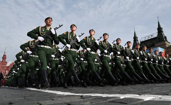 May 9, 2026, Moscow, Moscow Oblast, Russia: Russian soldiers march in formation during the annual Victory Day parade marking the 81st anniversary of the victory over Nazi Germany in World War Two, at Red Square, May 9, 2026 in Moscow, Russia. Moscow Russia - ZUMAp138 20260509_zaa_p138_027 Copyright: xKremlinxPool RussianxGovernmentx