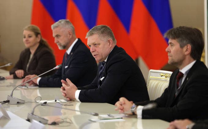 May 9, 2026, Moscow, Moscow Oblast, Russia: Slovak President Robert Fico, center, remarks during an expanded bilateral meeting with Russian President Vladimir Putin, following the Victory Day parade at the Grand Kremlin Palace, May 9, 2026 in Moscow, Russia. The annual event marked the 81st anniversary of the victory over Nazi Germany in World War Two. Moscow Russia - ZUMAp138 20260509_zaa_p138_076 Copyright: xKremlinxPool RussianxGovernmentx