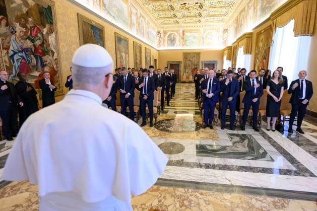 ITALY - POPE LEO XIV DURING A PRIVATE AUDIENCE WITH INTER EXECUTIVES AND PLAYERS IN THE VATICAN - 2026 5 9 Italy, Rome, Vatican, 2026 5 9 Pope Leo XIV during a private audience with Inter Executives and Players in The Vatican EDITORIAL USE ONLY - NO BOOKS Copyright: xVATICANxMEDIAx