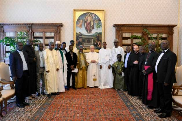ITALY - POPE LEO XIV DURING A PRIVATE AUDIENCE WITH DELEGATION OF LEADERS AND REPRESENTATIVES OF THE MUSLIM CIMMUNITY OF SENEGAL IN THE VATICAN - 2026 5 9 Italy, Rome, Vatican, 2026 5 9 Pope Leo XIV during a private audience with Delegation of Leaders and Representatives of the Muslim Community of Senegal in The Vatican EDITORIAL USE ONLY - NO BOOKS Copyright: xVATICANxMEDIAx