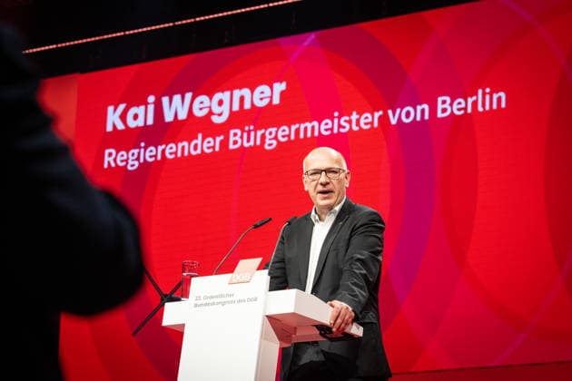 Kai Wegner, Regierender Bürgermeister Berlin, während seiner Grußrede zur Eröffnung des Bundeskongresses;DGB Bundeskongress 2026 in Berlin - Deutscher Gewerkschaftsbund, Berlin Berlin Deutschland Hotel Estrel