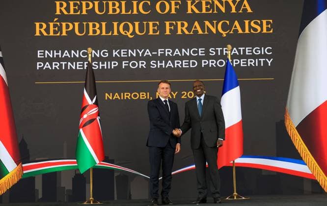 French President Emmanuel Macron in Kenya NAIROBI, KENYA - MAY 10: French President Emmanuel Macron (L) meets with Kenyan President William Ruto (R) during an official visit in Nairobi, Kenya, on May 10, 2026. Lucas Mukasa Anadolu Nairobi Kenya. Editorial use only. Please get in touch for any other usage.  Copyright: x2026xAnadoluxLucasxMukasax
