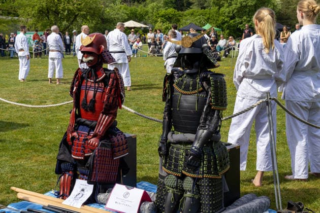 Traditionelle Samurai-Rüstungen bei einer japanischen Kulturveranstaltung im Freien. Die detailreichen Nachbildungen historischer Kriegerausrüstung erinnern an Bushido, Kampfkunst und die Militärgeschichte Japans. Traditionelles Japanisches Frühlingsfest im Botanischen Garten Augsburg. Das Event im Rahmen des 90-jährigen Garten-Jubiläums