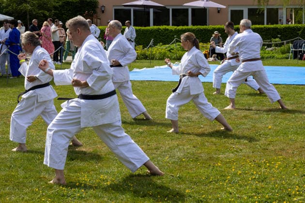 Karategruppe trainiert Bewegungsabläufe und Schlagtechniken auf einer Wiese. Die Teilnehmer der japanischen Kampfkunst üben Disziplin, Körperbeherrschung und traditionelle Kampftechniken im Freien. Traditionelles Japanisches Frühlingsfest im Botanischen Garten Augsburg. Das Event im Rahmen des 90-jährigen Garten-Jubiläums