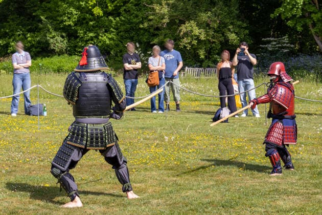 Teilnehmer in traditionellen Samurai-Rüstungen demonstrieren japanischen Schwertkampf auf einer Wiese. Die Vorführung historischer Kriegerausrüstung verbindet Kampfkunst, Reenactment und japanische Kulturtradition. Traditionelles Japanisches Frühlingsfest im Botanischen Garten Augsburg. Das Event im Rahmen des 90-jährigen Garten-Jubiläums