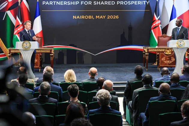 French President Emmanuel Macron in Kenya NAIROBI, KENYA - MAY 10: French President Emmanuel Macron (L) and Kenyan President William Ruto (R) hold a joint press conference following their bilateral meeting during Macron’s official visit in Nairobi, Kenya, on May 10, 2026. Lucas Mukasa Anadolu Nairobi Kenya. Editorial use only. Please get in touch for any other usage.  Copyright: x2026xAnadoluxLucasxMukasax