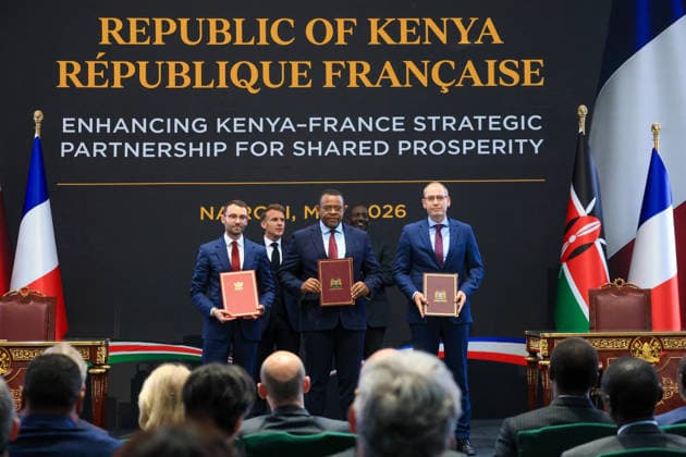 French President Emmanuel Macron in Kenya NAIROBI, KENYA - MAY 10: French President Emmanuel Macron and Kenyan President William Ruto sign cooperation agreements in various fields following their meeting during Macron’s official visit in Nairobi, Kenya, on May 10, 2026. Lucas Mukasa Anadolu Nairobi Kenya. Editorial use only. Please get in touch for any other usage.  Copyright: x2026xAnadoluxLucasxMukasax