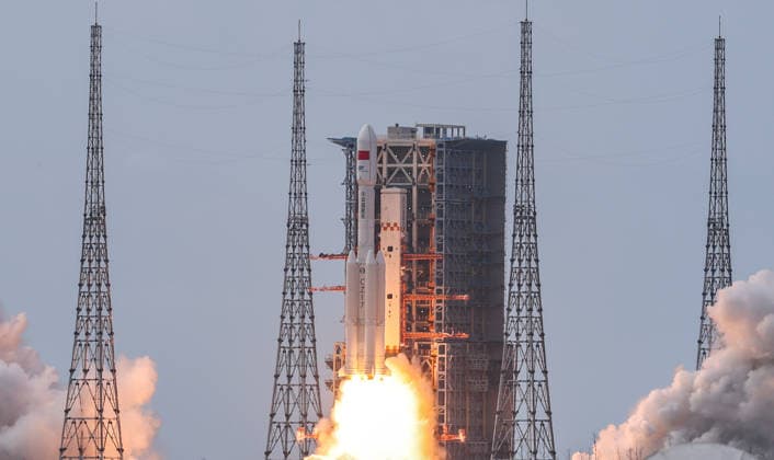 (260511) -- WENCHANG, May 11, 2026 -- A Long March-7 Y11 carrier rocket carrying the cargo craft Tianzhou-10 blasts off from the Wenchang Spacecraft Launch Site in south China s Hainan Province, May 11, 2026. China launched the cargo craft Tianzhou-10 from the Wenchang Spacecraft Launch Site on Monday morning to deliver supplies for its orbiting Tiangong space station, according to the China Manned Space Agency. ) Photo Flash China launches Tianzhou-10 cargo craft to send space station supplies YangxGuanyu 