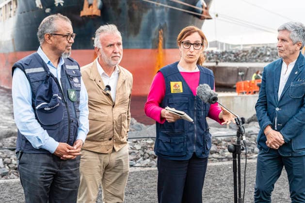 Health concludes that the MV Hondius will be able to sail late tomorrow afternoon after completing the repatriations I D The director general of the World Health Organization WHO, Tedros Adhanom Ghebreyesus the Minister of Territorial Policy and Democratic Memory, Ángel Víctor Torres the Minister of Health, Mónica García and the Minister of the Interior, Fernando Grande Marlaska attend to the media in the port of Granadilla, on May 10, 2026, in Granadilla de Abona, Tenerife, Canary Islands Spain Mónica García has assured this Sunday that the ship affected by the hantavirus outbreak, on the MV Hondius, will be able to leave late in the afternoon of Monday, after all the repatriations have been completed The last to disembark from the ship t  Copyright: xEuropaxPressxCanariasx 7513681