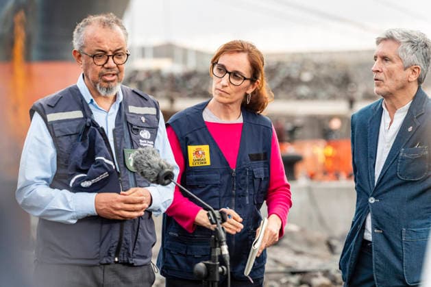 Health concludes that the MV Hondius will be able to leave late tomorrow afternoon after concluding the repatriations I D The Director General of the World Health Organization WHO, Tedros Adhanom Ghebreyesus the Minister of Health, Monica Garcia and the Minister of the Interior, Fernando Grande Marlaska attend to the media in the port of Granadilla, on May 10, 2026, in Granadilla de Abona, Tenerife, Canary Islands Spain Monica Garcia has assured this Sunday that the ship affected by the outbreak of hantavirus, The last ones to disembark from the ship this Sunday have been the group of North Americans, and so far, 94 people of 19 different nationalities have disembarked from the cruise ship 10 MAY 2026 Europa Press Canarias 10 05 2026 Grana  Copyright: xEuropaxPressxCanariasx 7513683