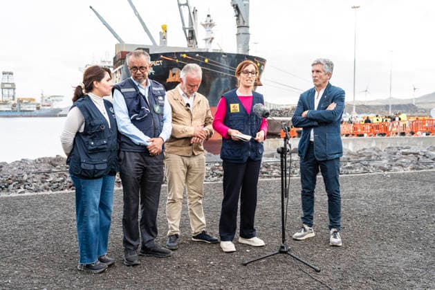 Health concludes that the MV Hondius will be able to sail late tomorrow afternoon after completing the repatriations I D The director general of the World Health Organization WHO, Tedros Adhanom Ghebreyesus the Minister of Territorial Policy and Democratic Memory, Ángel Víctor Torres the Minister of Health, Mónica García and the Minister of the Interior, Fernando Grande Marlaska attend to the media in the port of Granadilla, on May 10, 2026, in Granadilla de Abona, Tenerife, Canary Islands Spain Mónica García has assured this Sunday that the ship affected by the hantavirus outbreak, on the MV Hondius, will be able to leave late in the afternoon of Monday, after all the repatriations have been completed The last to disembark from the ship t  Copyright: xEuropaxPressxCanariasx 7513686